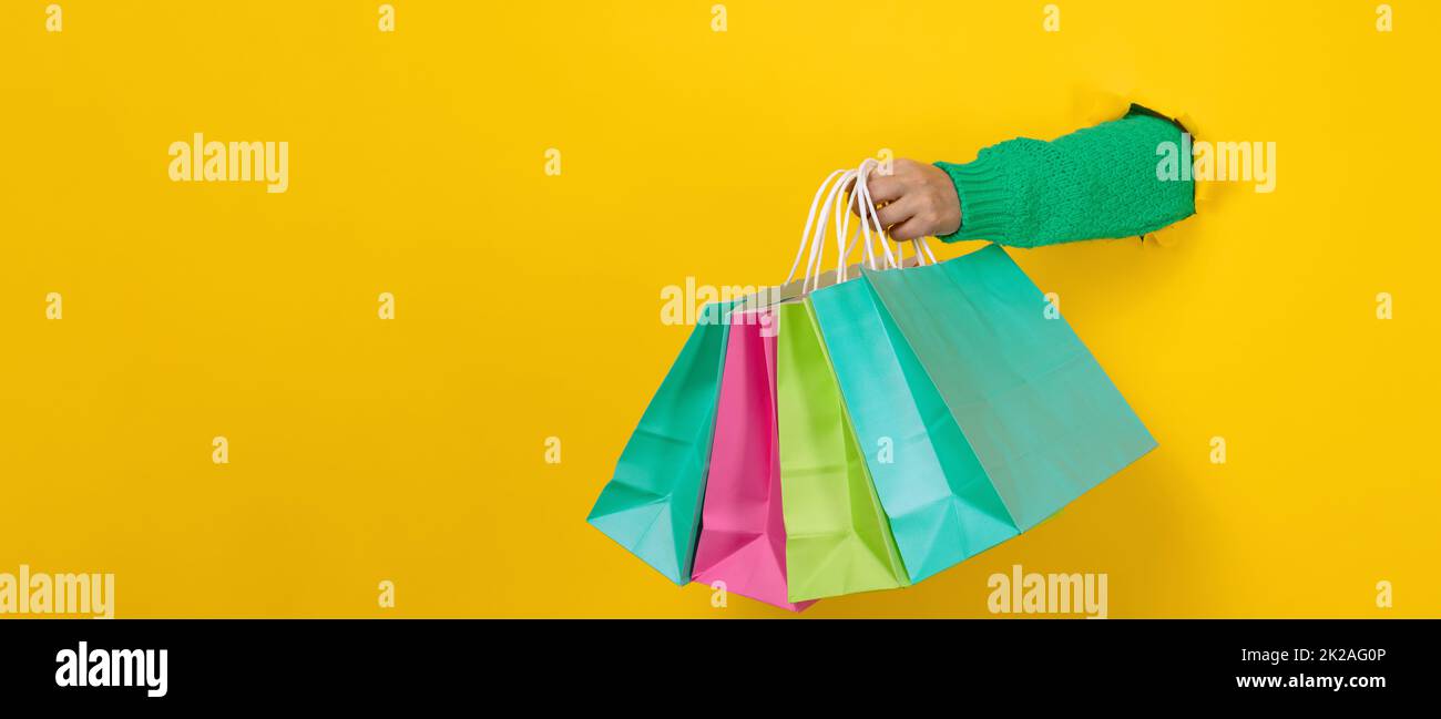 female hand holds a paper disposable bag with handles for groceries and