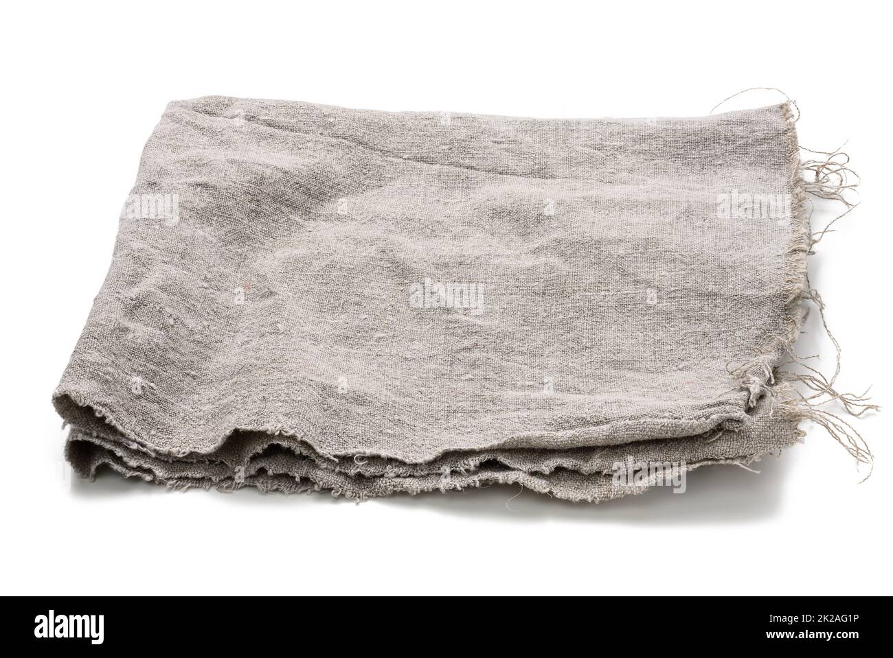 folded gray linen tea towel on white background, close up Stock Photo