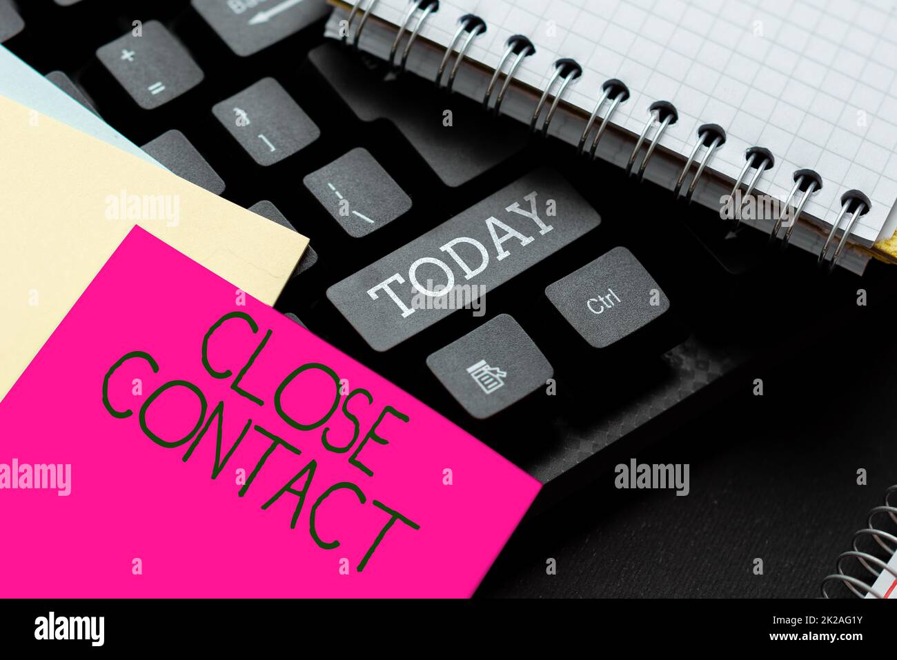 Hand writing sign Close Contact. Concept meaning having a history of direct exposure to a casepatient Creating Computer Programming Services, Typing New Worksheet Data Stock Photo
