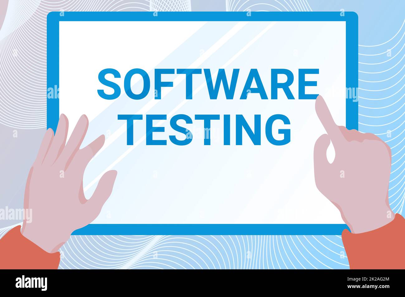 Conceptual display Software Testing. Business concept activity to check whether the results match the expected Hands Illustration Holding Drawing On Tablet Scree Showing Information. Stock Photo