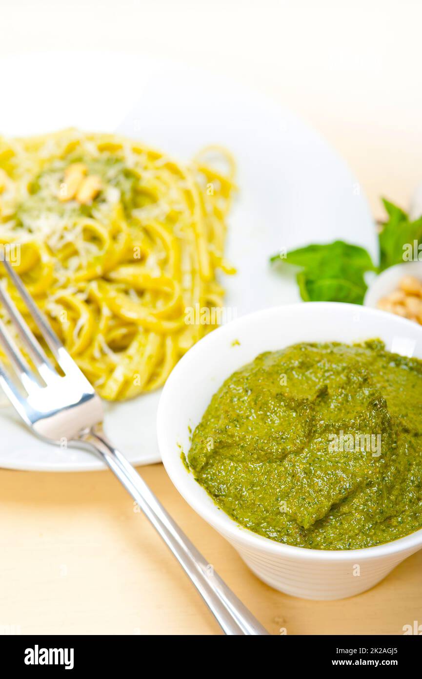 Italian traditional basil pesto pasta ingredients Stock Photo Alamy
