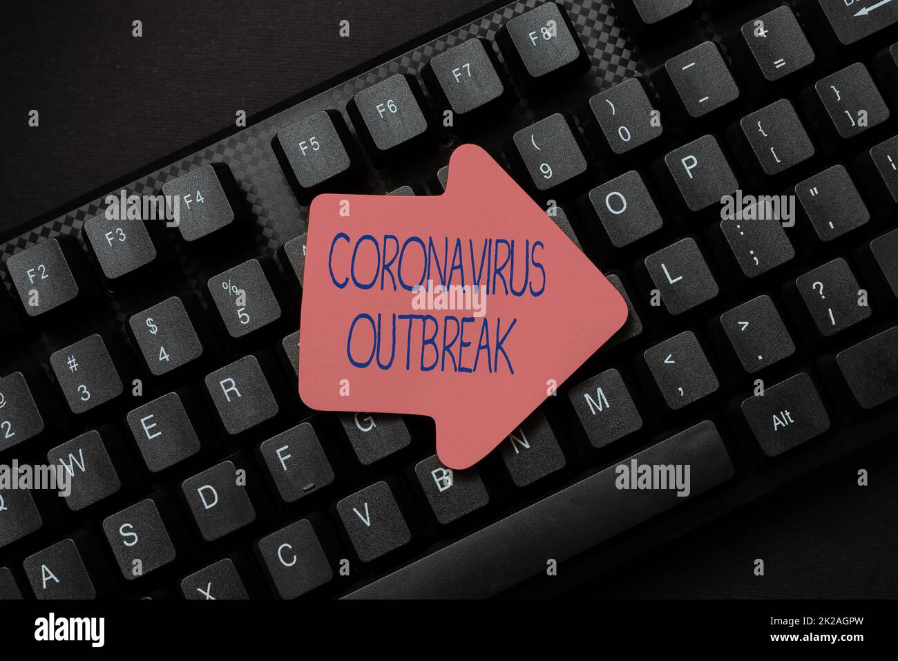Handwriting text Coronavirus Outbreak. Business approach infectious disease caused by newly discovered COVID19 Converting Written Notes To Digital Data, Typing Important Coding Files Stock Photo