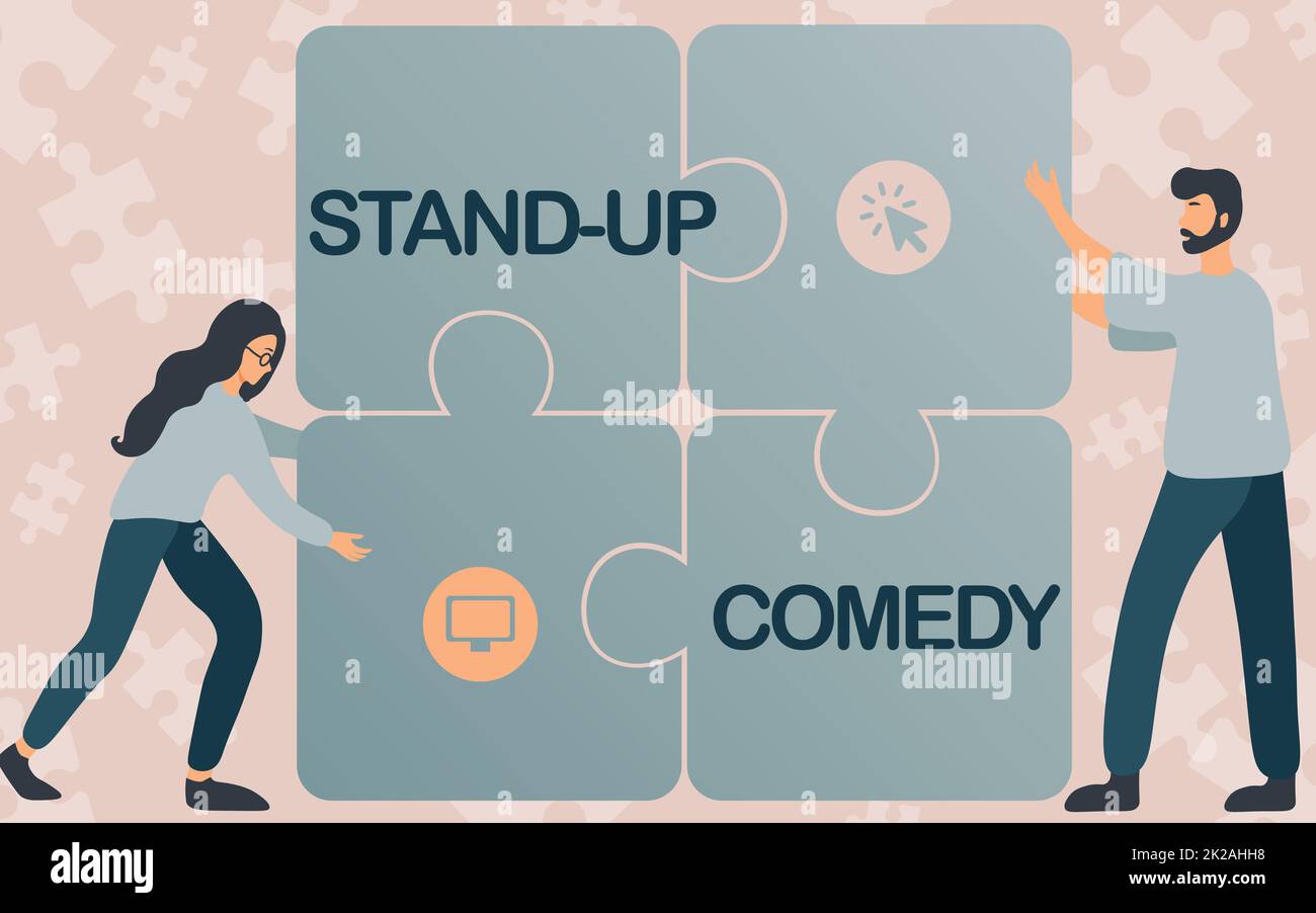 Hand writing sign Stand up Comedy, Business overview a comic style where a comedian recites humorous stories Colleagues Drawing Fitting Four Pieces Of Stock Photo