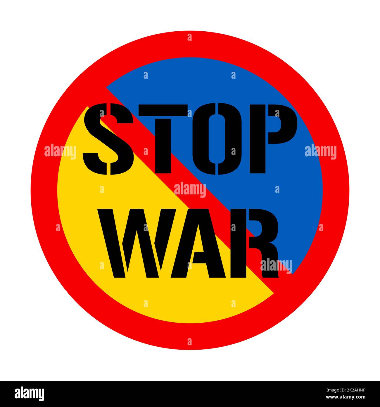 Stop war concept with prohibition sign on painted in the colors of the national flag Ukraine. No war and military attack poster. Vector illustration. Save Ukraine from russia. Stock Photo