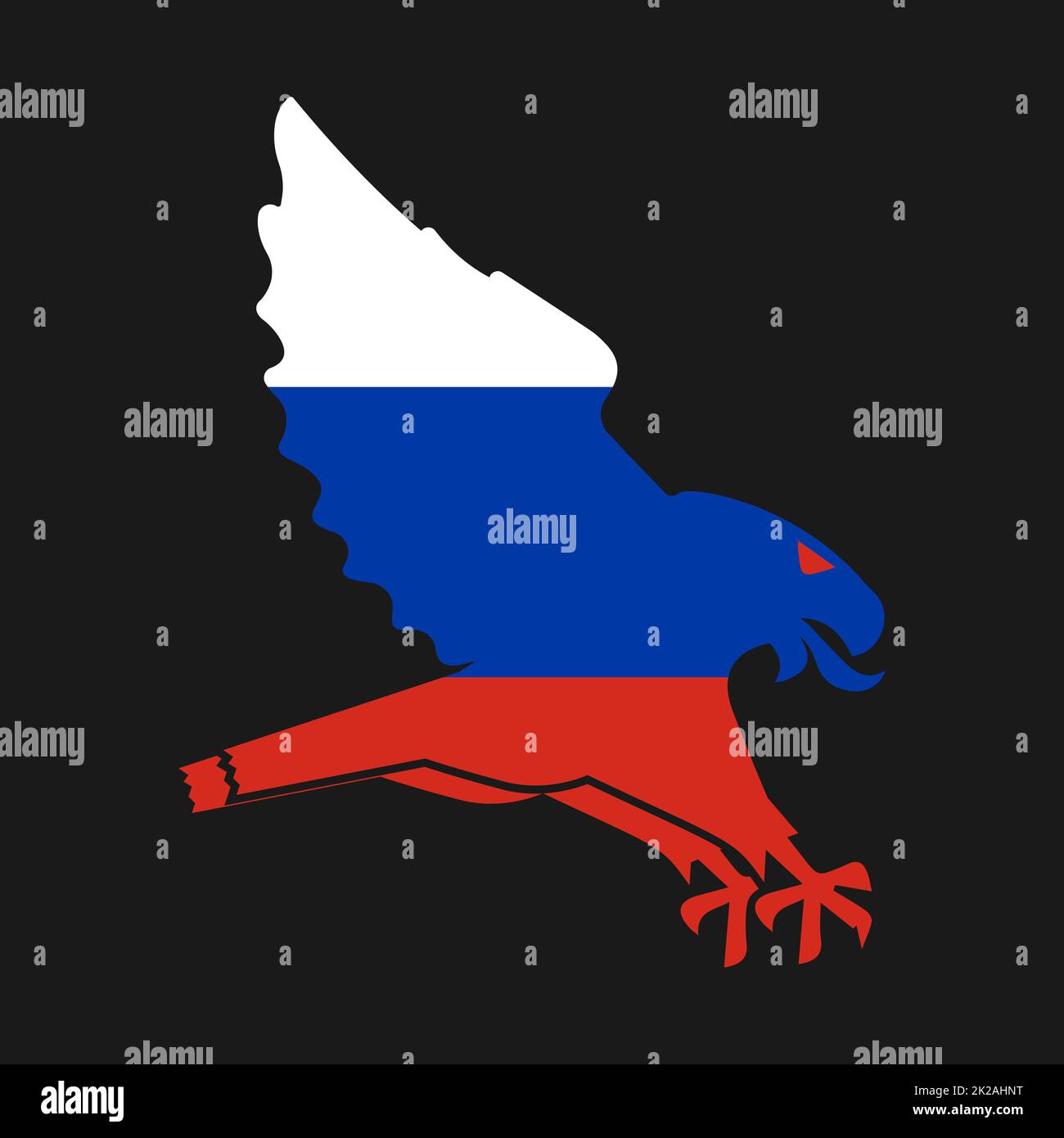 An attacking eagle symbolizing the aggressive, militant Russian Federation under Putin's rule. The predatory bird swoop and attack down trying to grab prey with sharp claws. Conceptual flag of Russia. Stock Photo