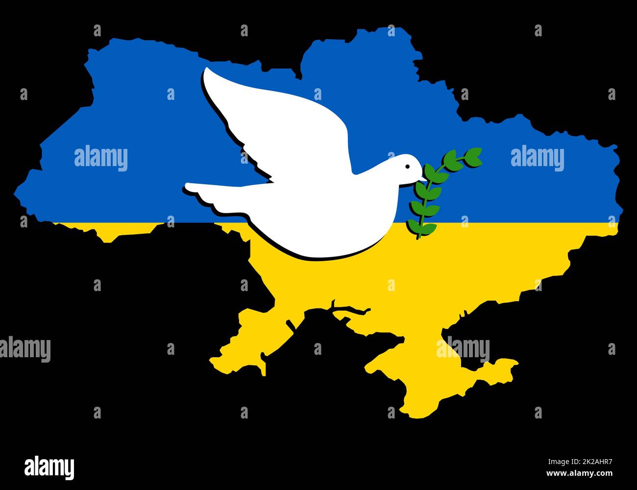 Flag on the map of Ukraine with the dove of peace. White dove flying over the country hold a olive branch of the peace. Concept of a fluttering bird that brings peaceful and calm to Ukrainian people. Stock Photo