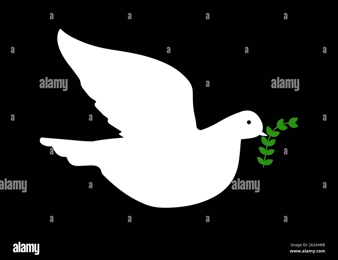 Dove of peace icon. Flying white bird with green olive branch. Concept Peace of world and no war and aggression. Vector illustration. Stock Photo