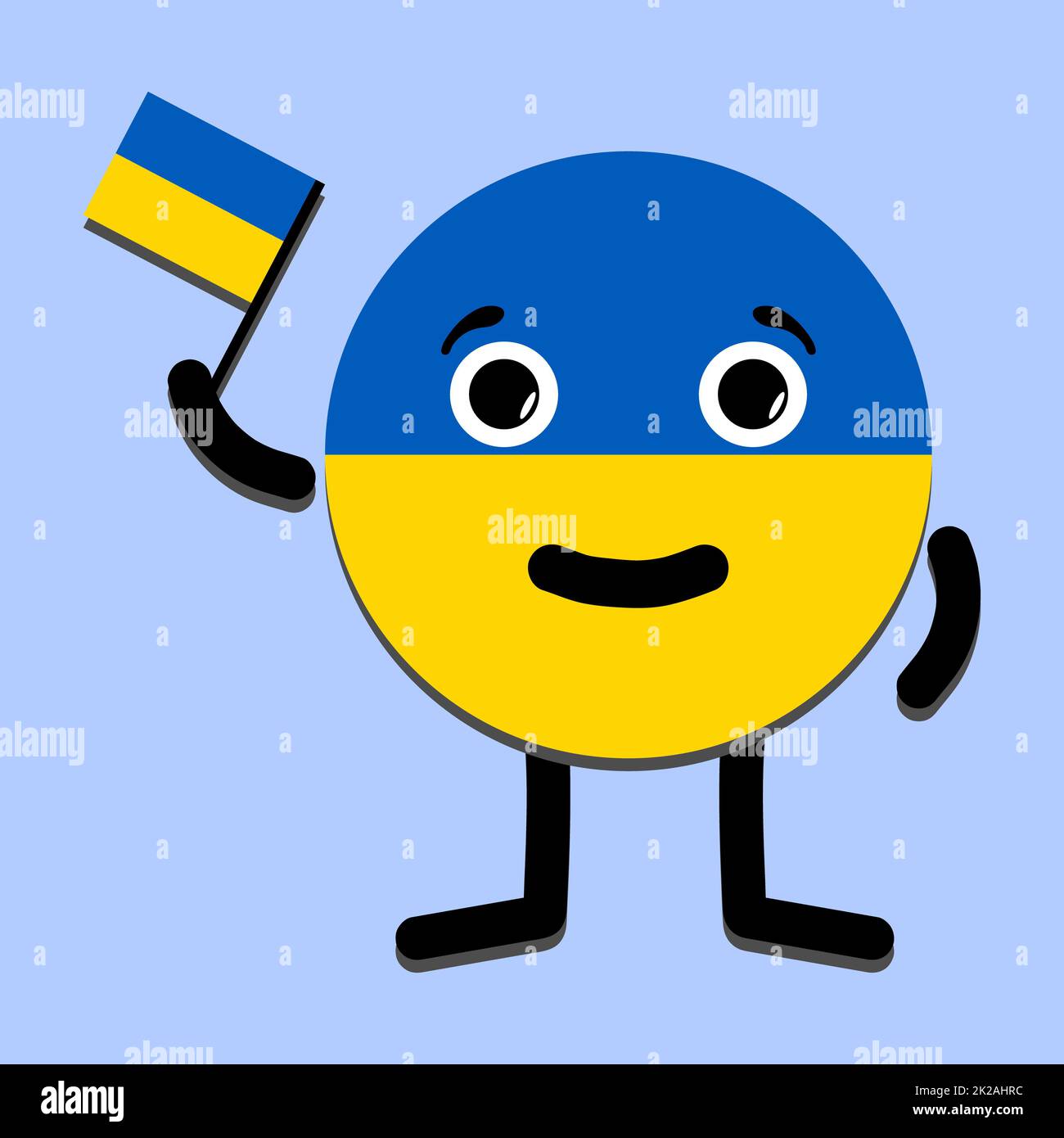 A happy Ukraine country is depicted as a patriot character holding a national flag in his hand. The concept of the independence. Abstract patriotic peace Ukrainian symbol. I support freedom Ukraine. Stock Photo