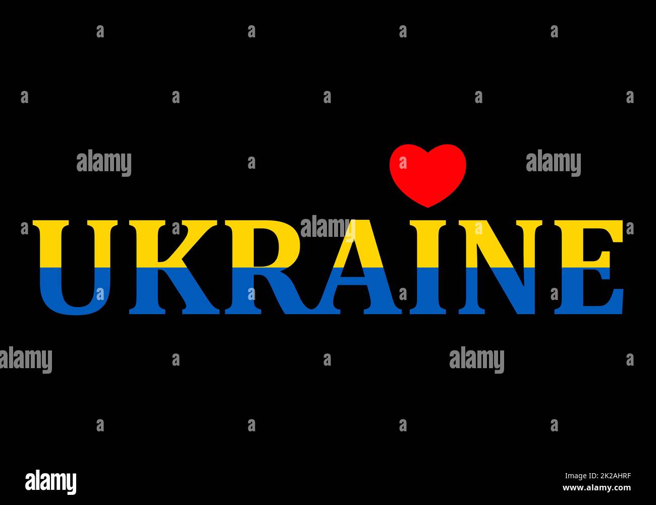 Red heart and Ukraine text in the national flag color. Ukrainian blue yellow inscription. Conceptual idea - with Ukraine in his heart. Patriotic peace support and pray for Ukraine. Stop the world war. Stock Photo