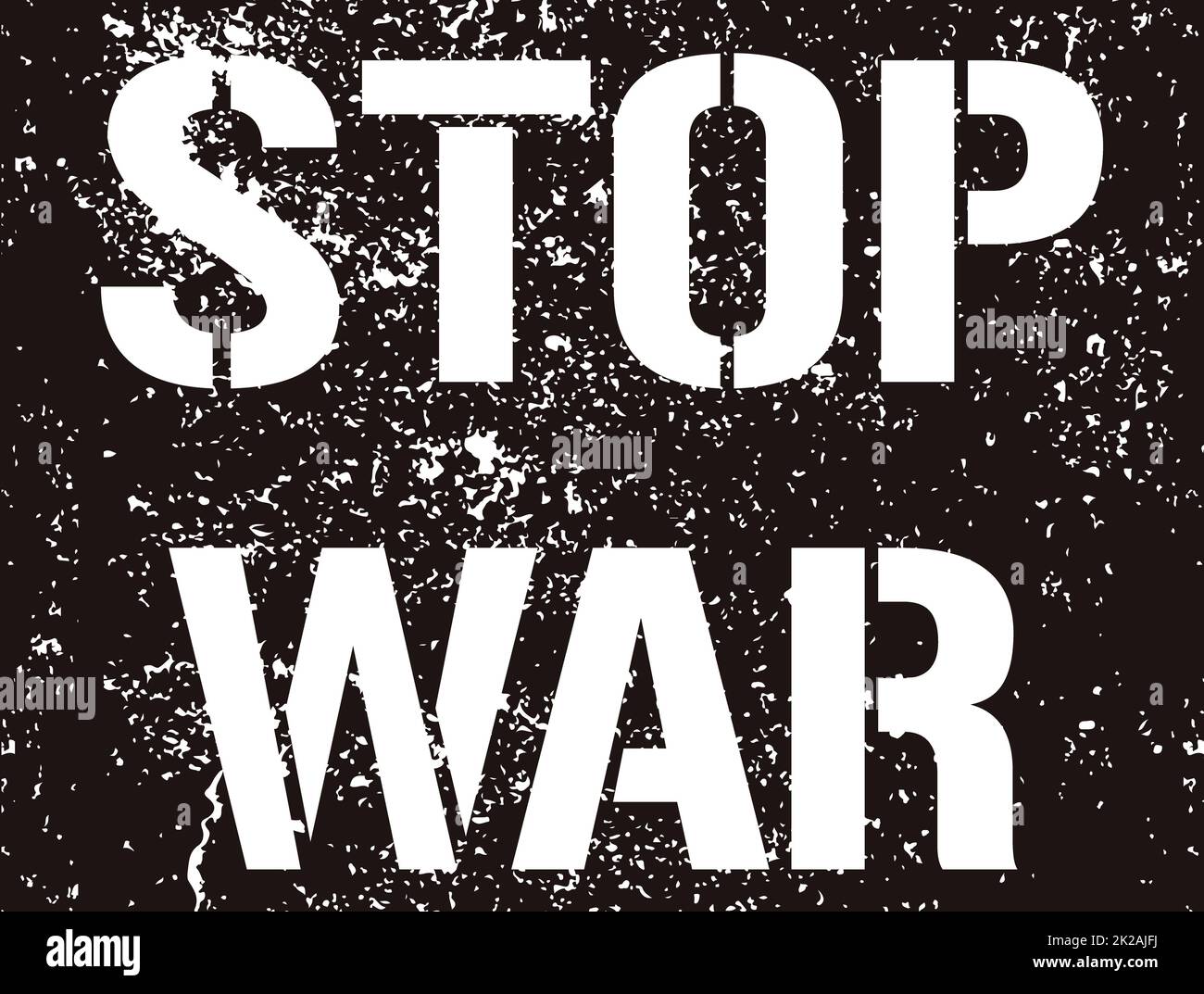 Stop the war - grunge text. Graffiti paint protest sign. A call to stop the war in the world. The armed conflict in Ukraine must be stopped. Stencil - vector illustration. Black peace scratch message. Stock Photo