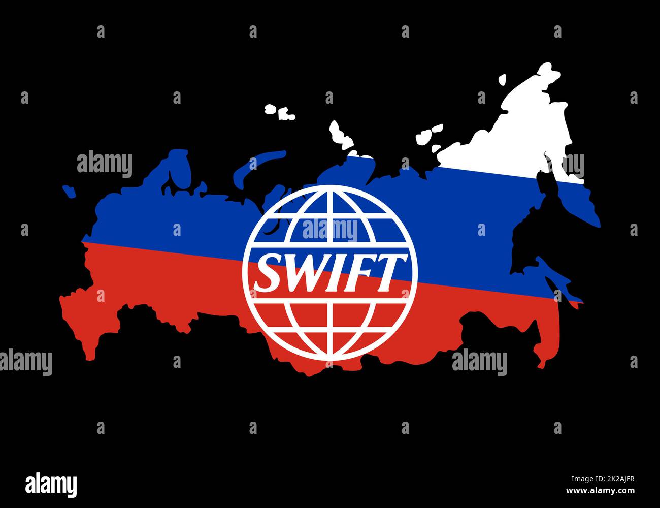 Ukraine, Rivne - February, 27 2022: Logo SWIFT financial system logo in Russia country map painted in Russian flag at background. Sanctions against Russia, and disconnection from SWIFT through the war Stock Photo