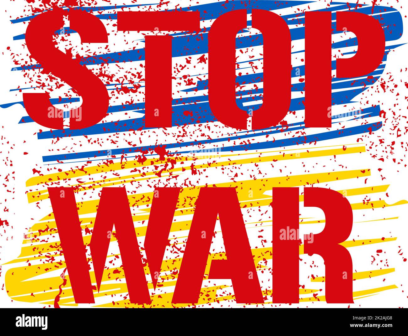 Stop war - text stylized as blood on the paint for Ukrainian flag. Red graffiti protest sign. Call to stop the war in the world. The armed conflict in Ukraine must be stopped. Bloody peace message. Stock Photo