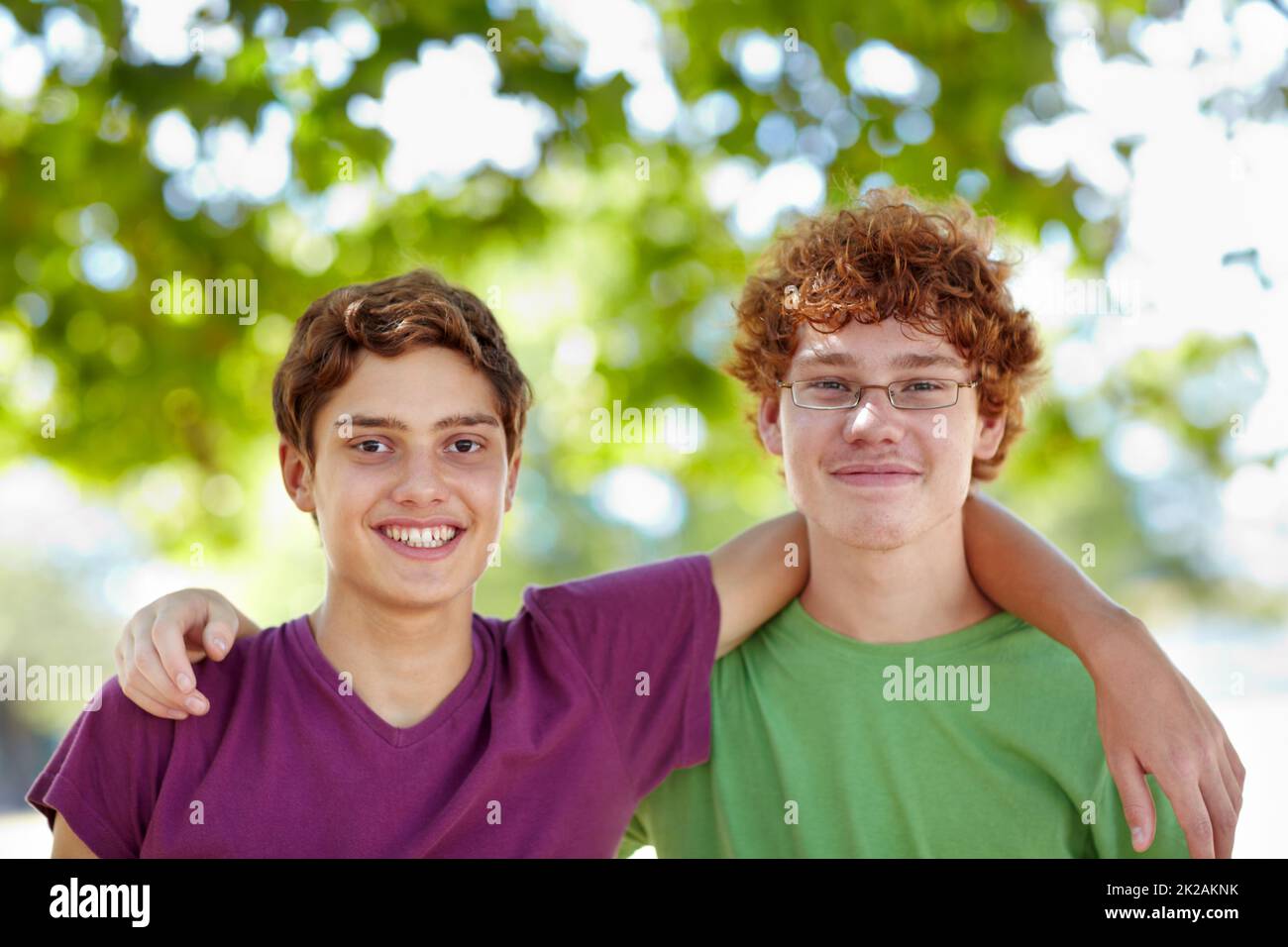Best buds forever. Portrait of two boys in a friendly embrace. Stock Photo