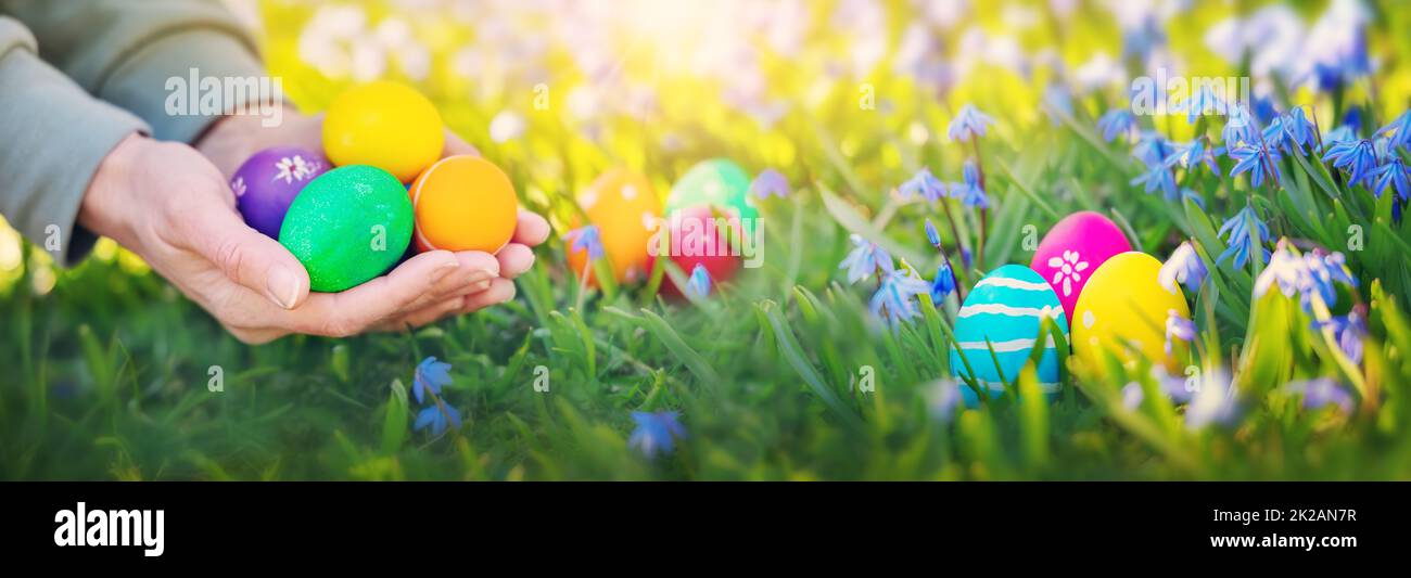 Human hands holding colourful vivid easter eggs Stock Photo
