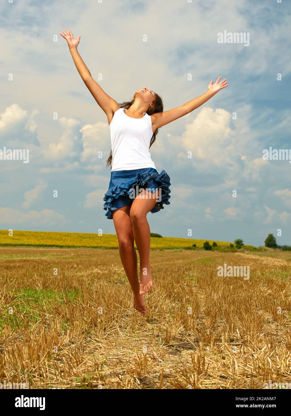 Its awesome to be alive. Shot of a beautiful young woman in the countryside with her arms outstretched in joy. Stock Photo
