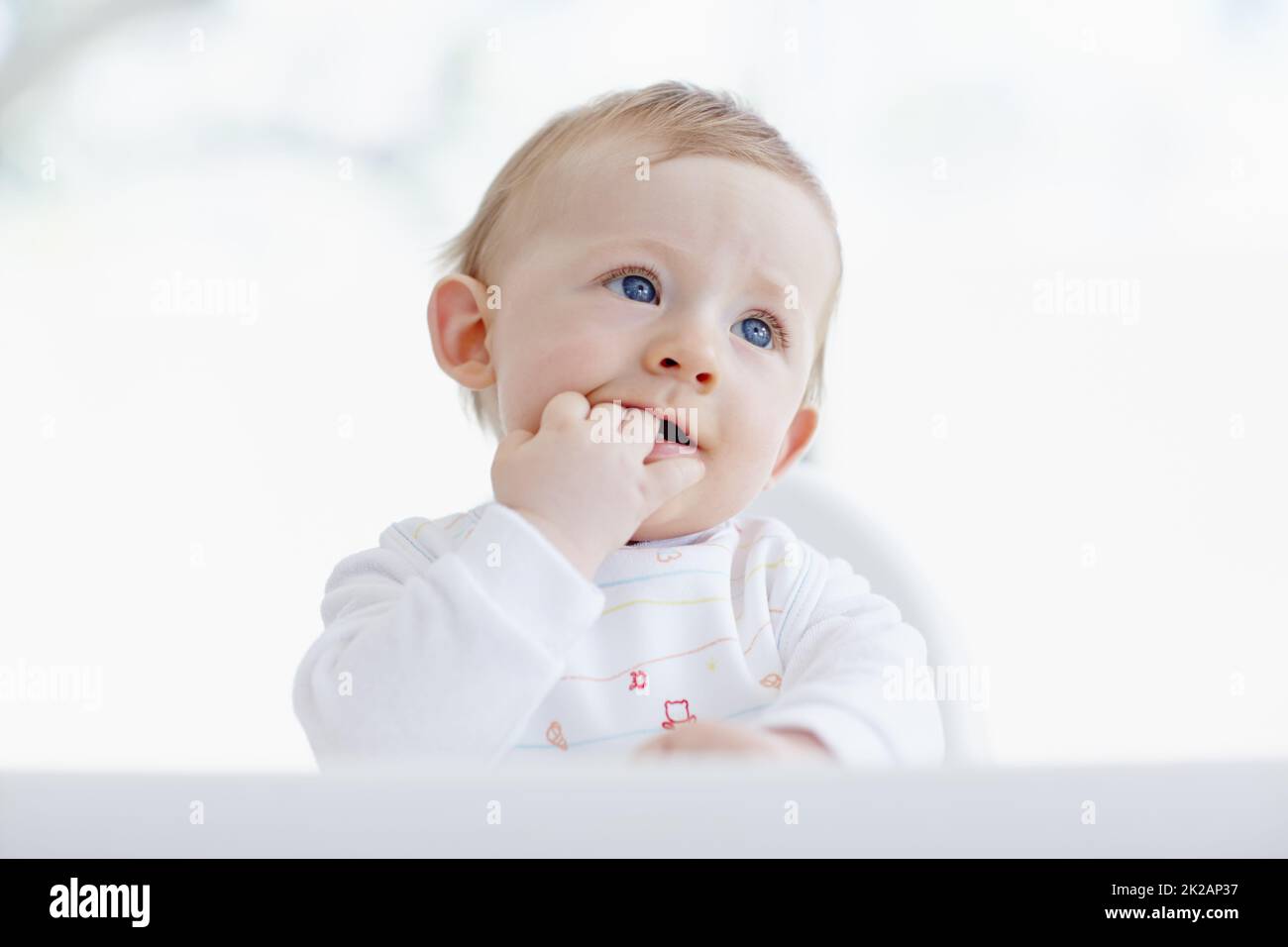 Curious about everything. A cute baby boy sitting in his high chair