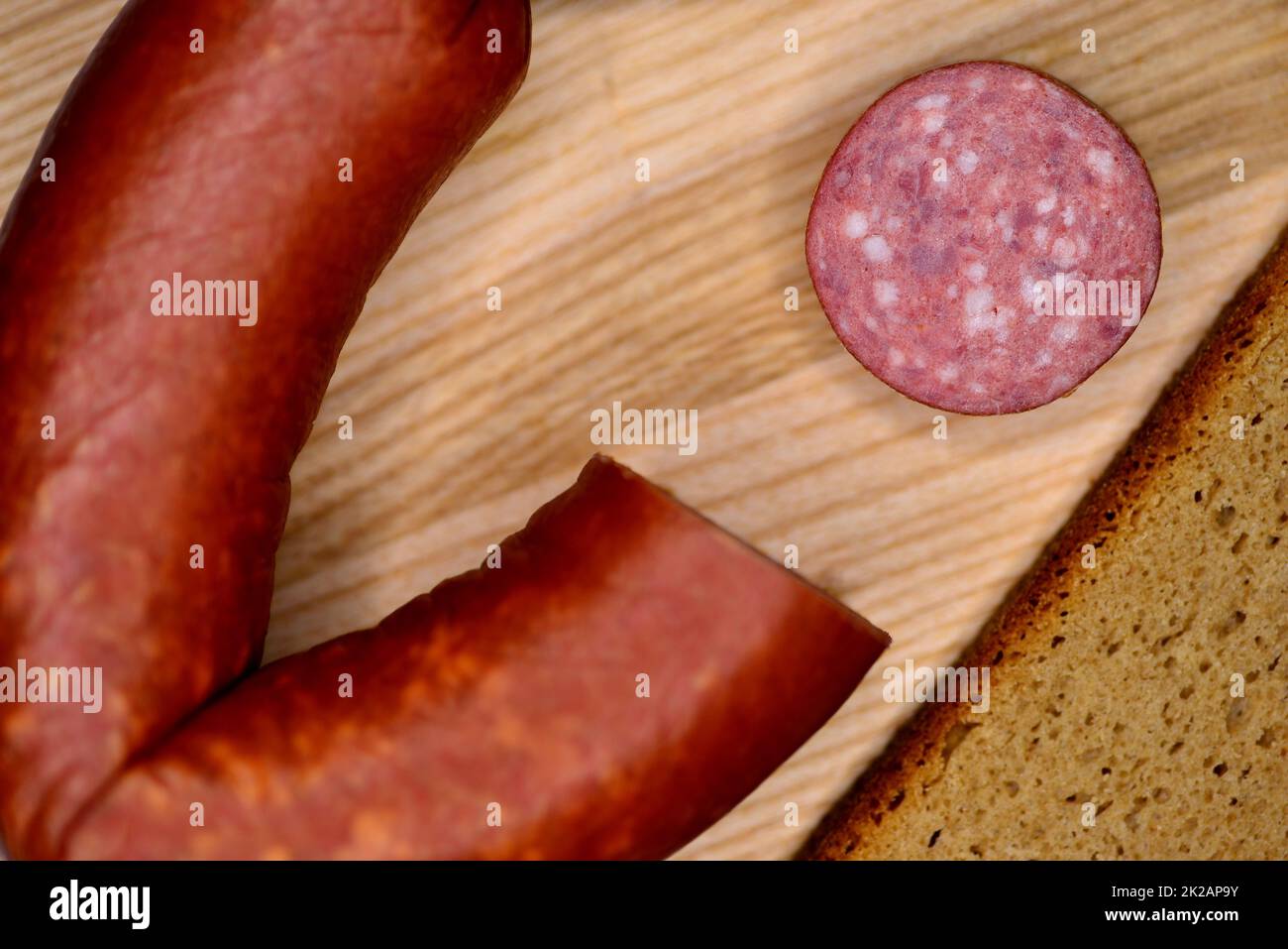 Polish sausage Krakauer in a bird eyes view Stock Photo