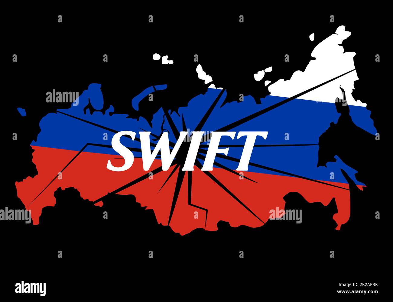 Prohibition of financial transactions in the Swift payment system. Conceptual text with Russian map at background. Sanctions against Russia, and disconnection from SWIFT through war against Ukraine. Stock Photo