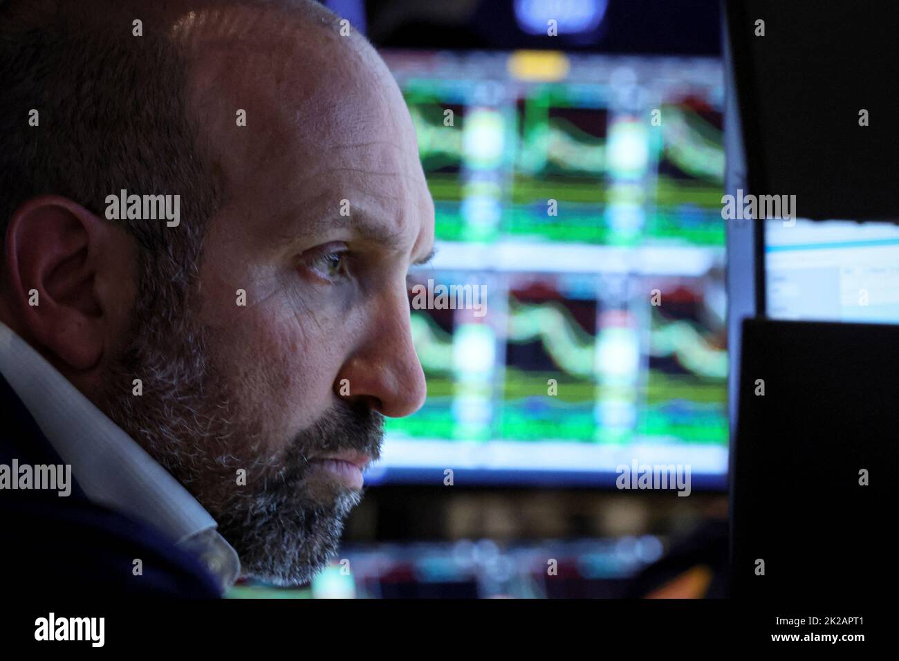 A specialist trader works on the floor of the New York Stock Exchange (NYSE) in New York City, U.S., September 22, 2022. REUTERS/Brendan McDermid Stock Photo