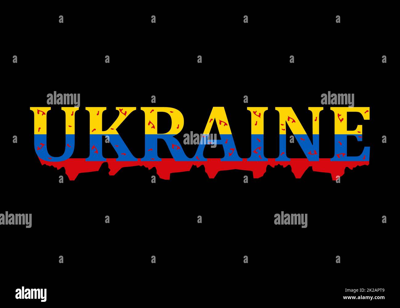 Bloody text in national flag color of Ukraine. Concept of Russian war aggression in Ukraine. The blood of civilians on the hands of the enemy military attacked a peaceful country. Vector illustration. Stock Photo