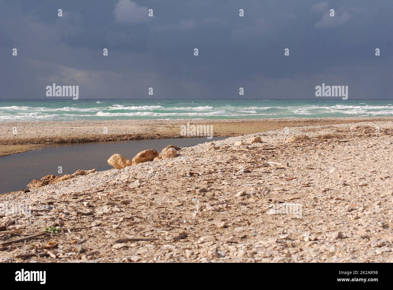 Mediterranean sea cost of Israel, Nahal Alexander between Chadera and Netanya, beach in the winter Stock Photo