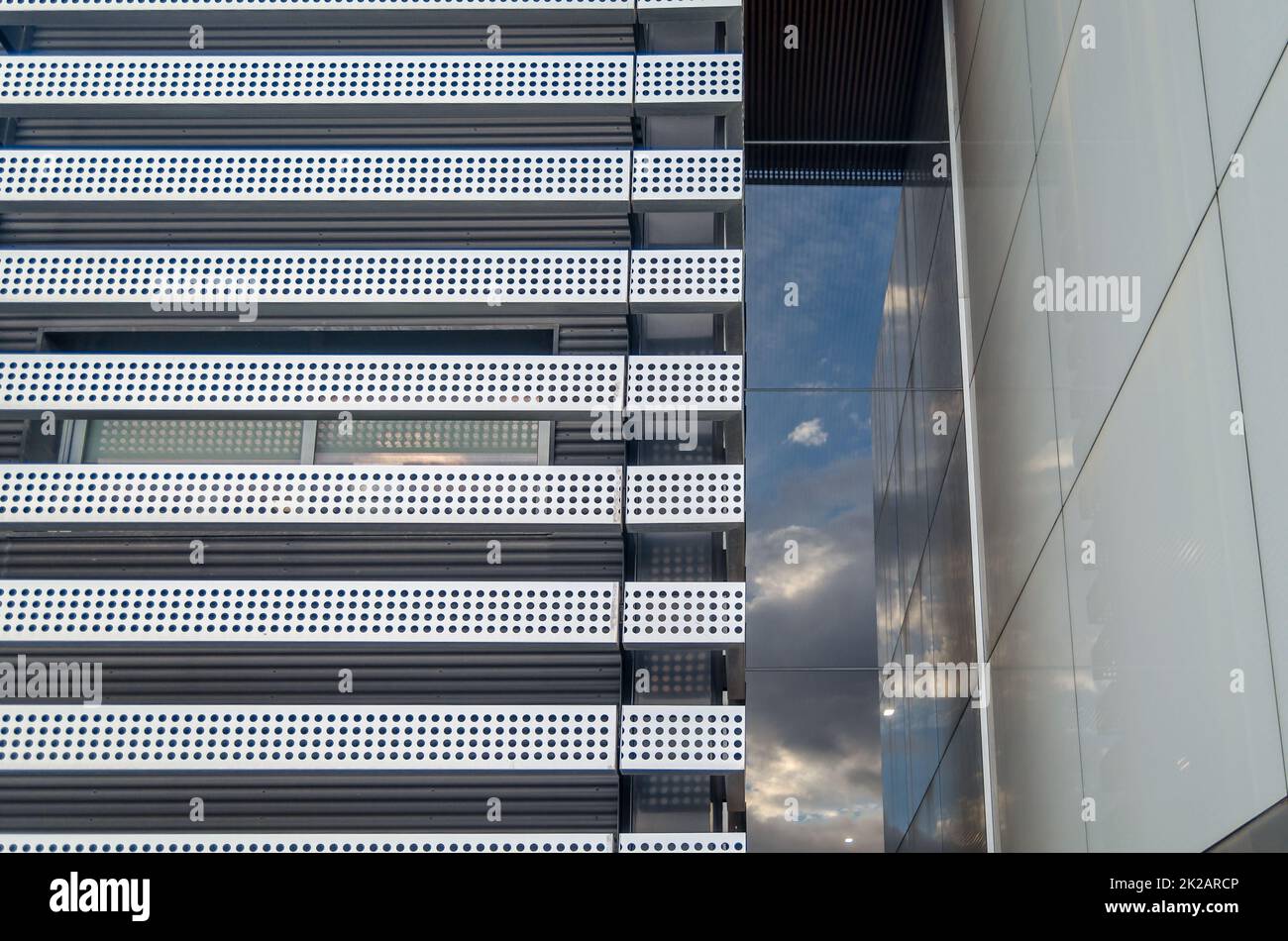 MOSTOLES, SPAIN - SEPTEMBER 22, 2021: Architectural detail of "Rey Juan Carlos" University Hospital, located in the Madrid town of Mostoles, Spain, a Stock Photo