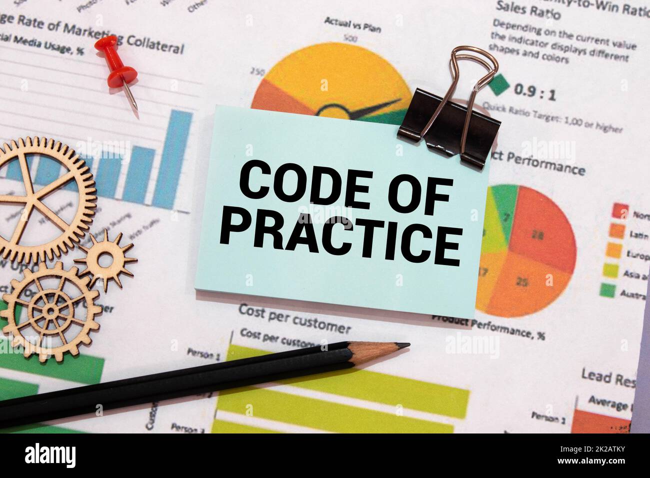 CODE OF PRACTICE text on the paper sheet with chart,color paper and calculator. Stock Photo
