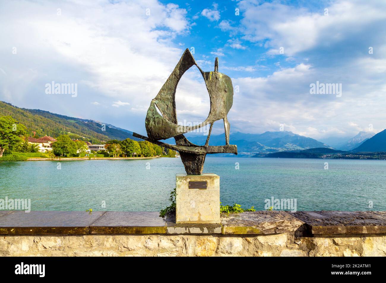 'Odysseus' (1956) by Robert Lienhard overlooking Lake Thun, Thun, Switzerland Stock Photo