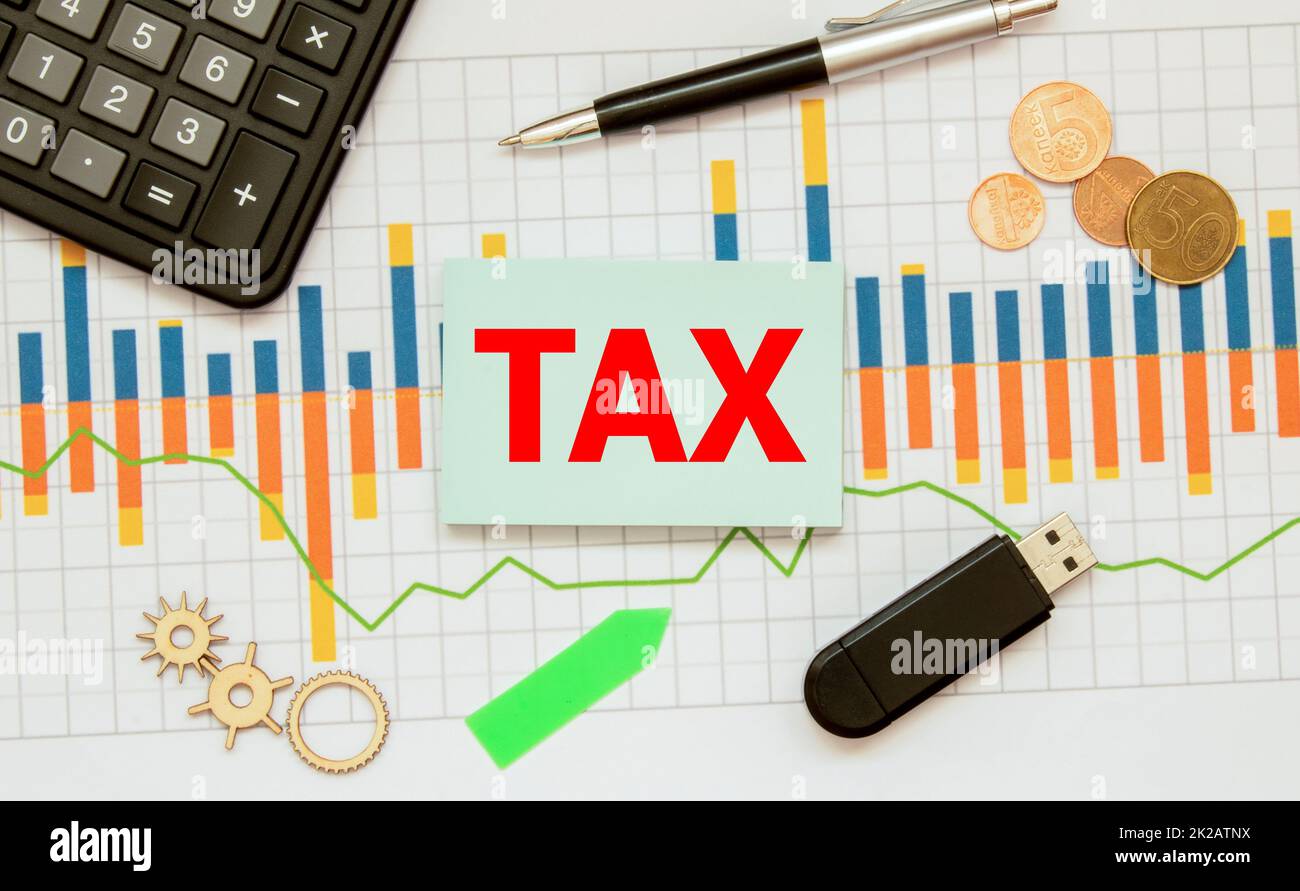 The word tax on a wooden block Business and tax ideas. Taxation. New year tax concept Stock Photo