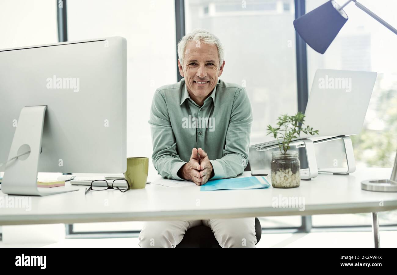 Im building upon my successes. Portrait of a mature businessman working at his desk in an office. Stock Photo