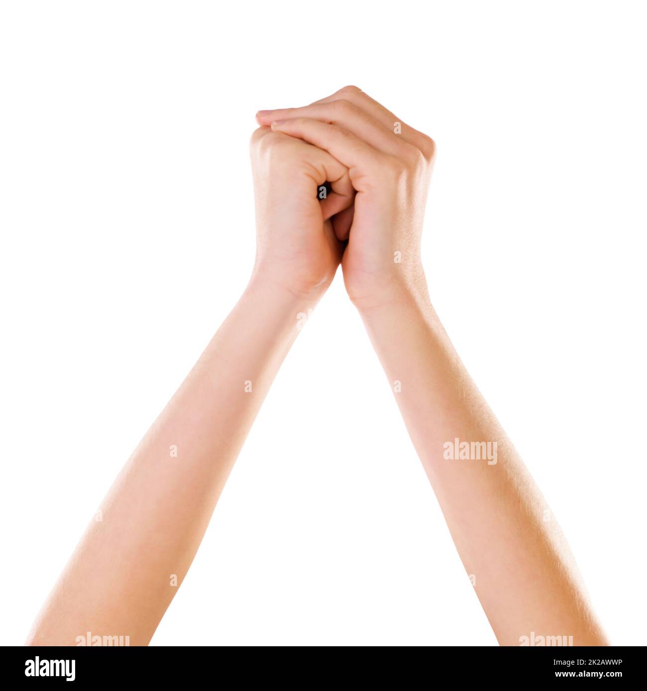 Holding on. Cropped shot of hands holding on to each other isolated on white. Stock Photo