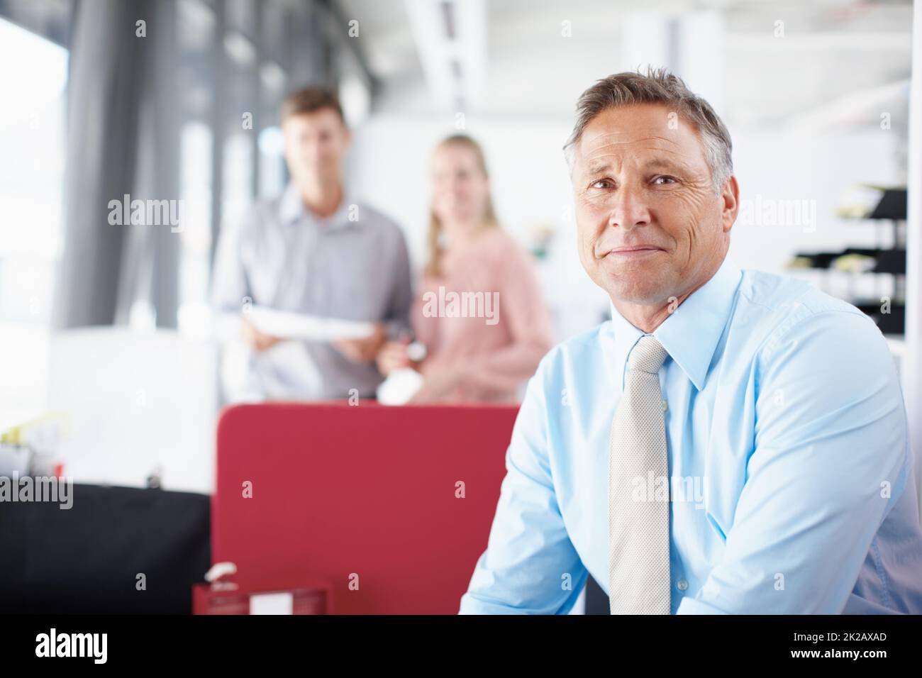 He relishes the challenges business throws at him. Portrait of a senior business manager smiling while his colleagues work in the background. Stock Photo