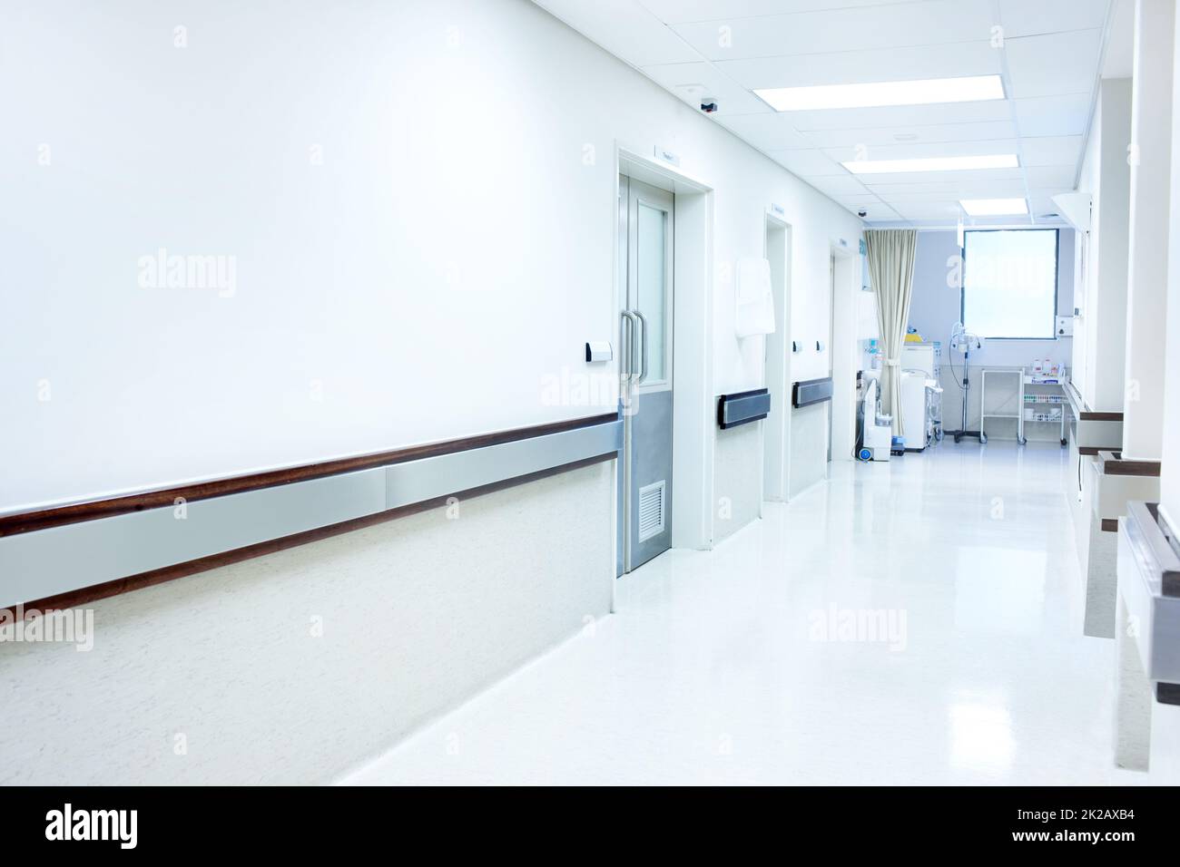 A hospital you can fell secure in. An empty passage way inside of a hospital. Stock Photo