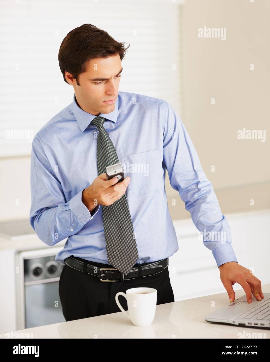 Business executive using cellphone while working on a laptop. Successful young business executive using cellphone while working on a laptop at home. Stock Photo
