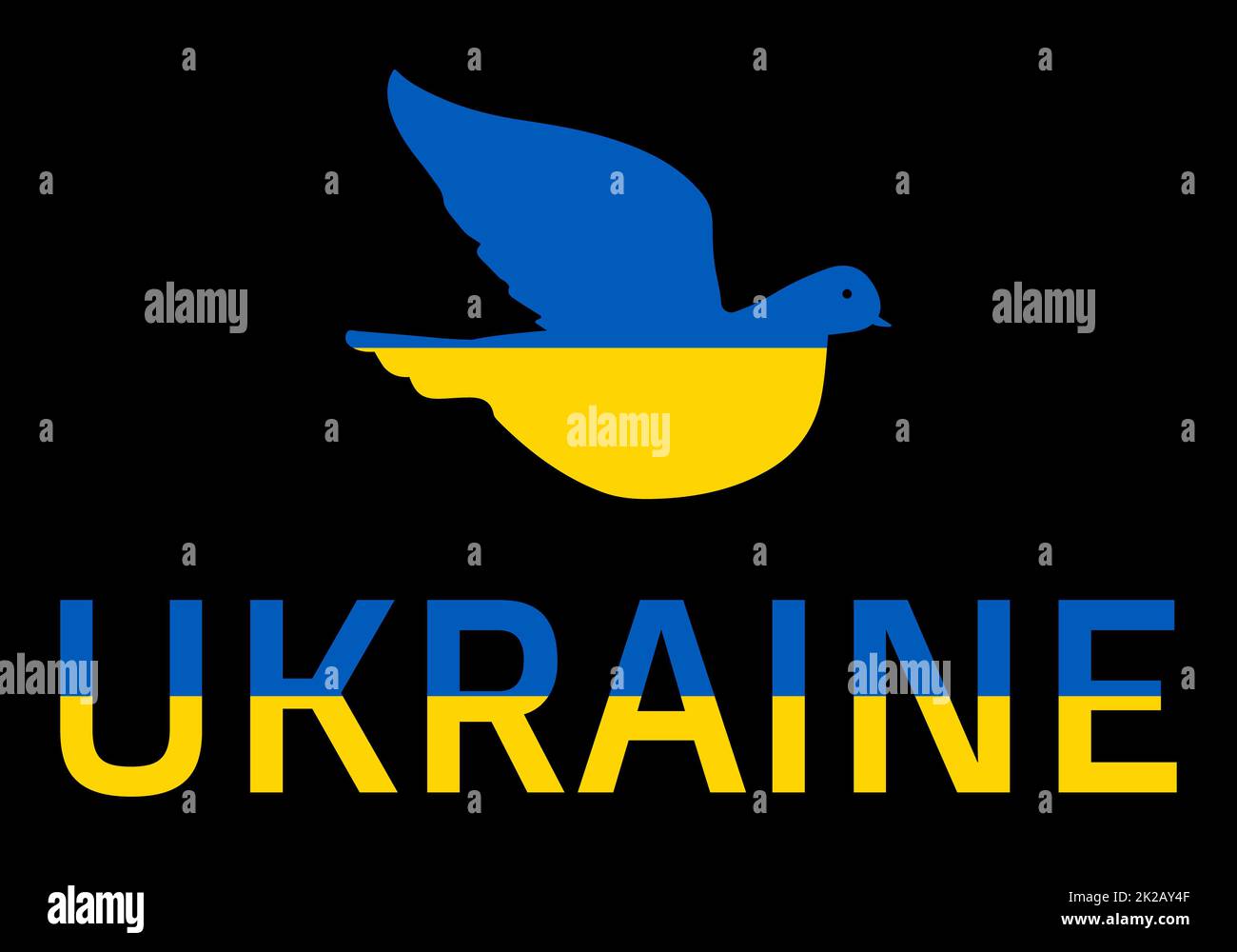 Flying dove symbolizing free Ukraine country. The concept is a fluttering bird painted in the colors of the national Ukrainian flag. Symbol of independence. Vector illustration on black background. Stock Photo