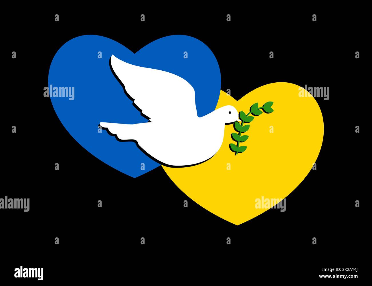 Abstract patriotic Ukrainian flag in the shape of a two hearts with the dove of peace. White dove flying and hold a olive branch of the peace. Fluttering bird that brings peaceful and calm to Ukraine. Stock Photo