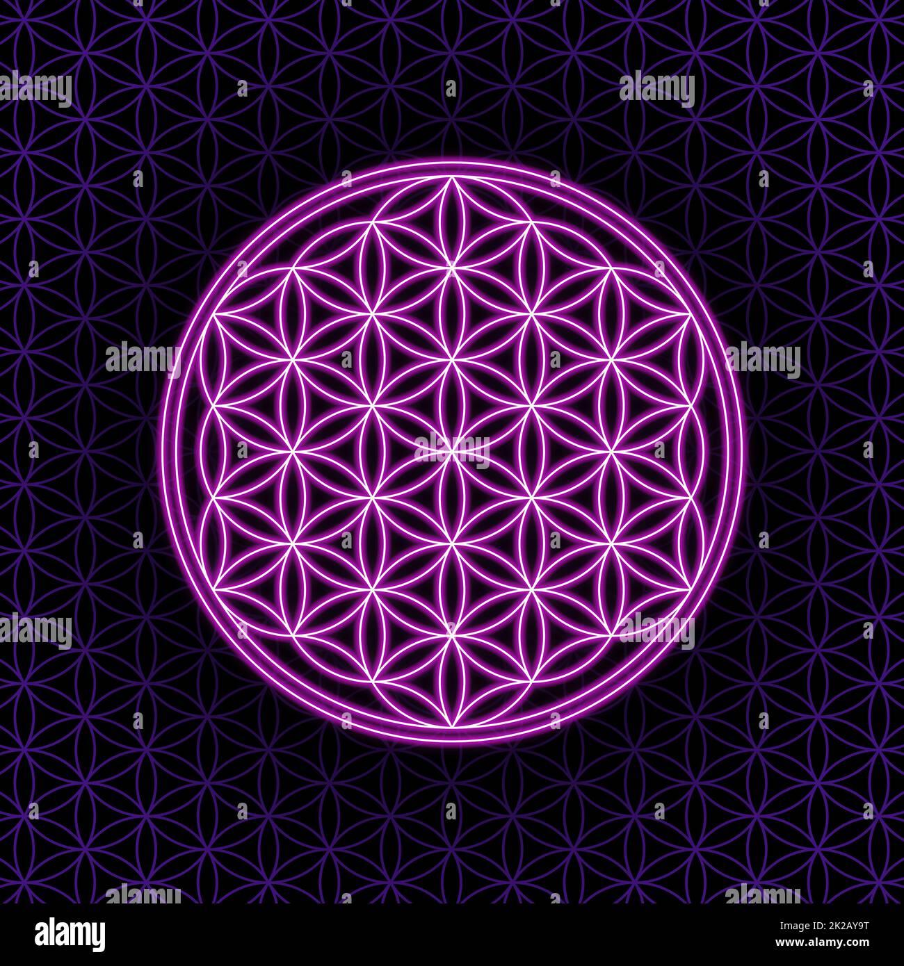 White Flower of Life, with purple glowing borders, over a seamless pattern Stock Photo
