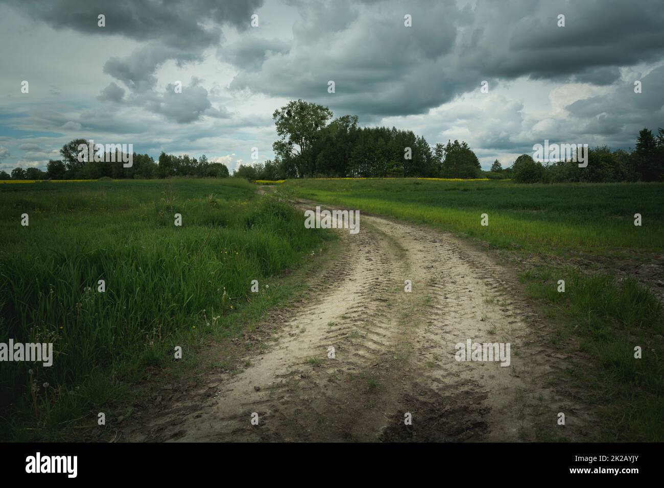 Dirt road through fields and dark clouds Stock Photo - Alamy