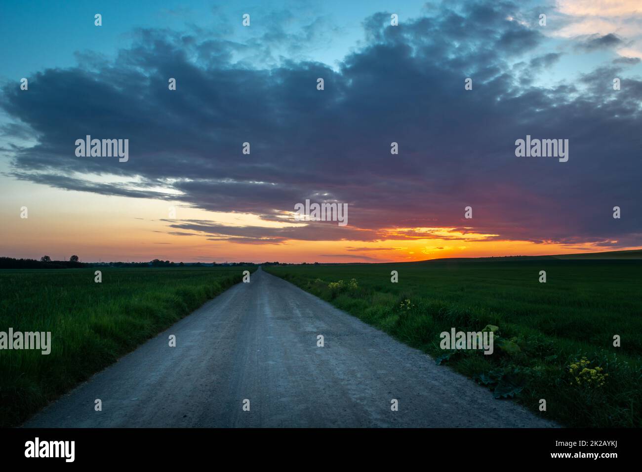 A road through the fields and colorful sunset Stock Photo - Alamy