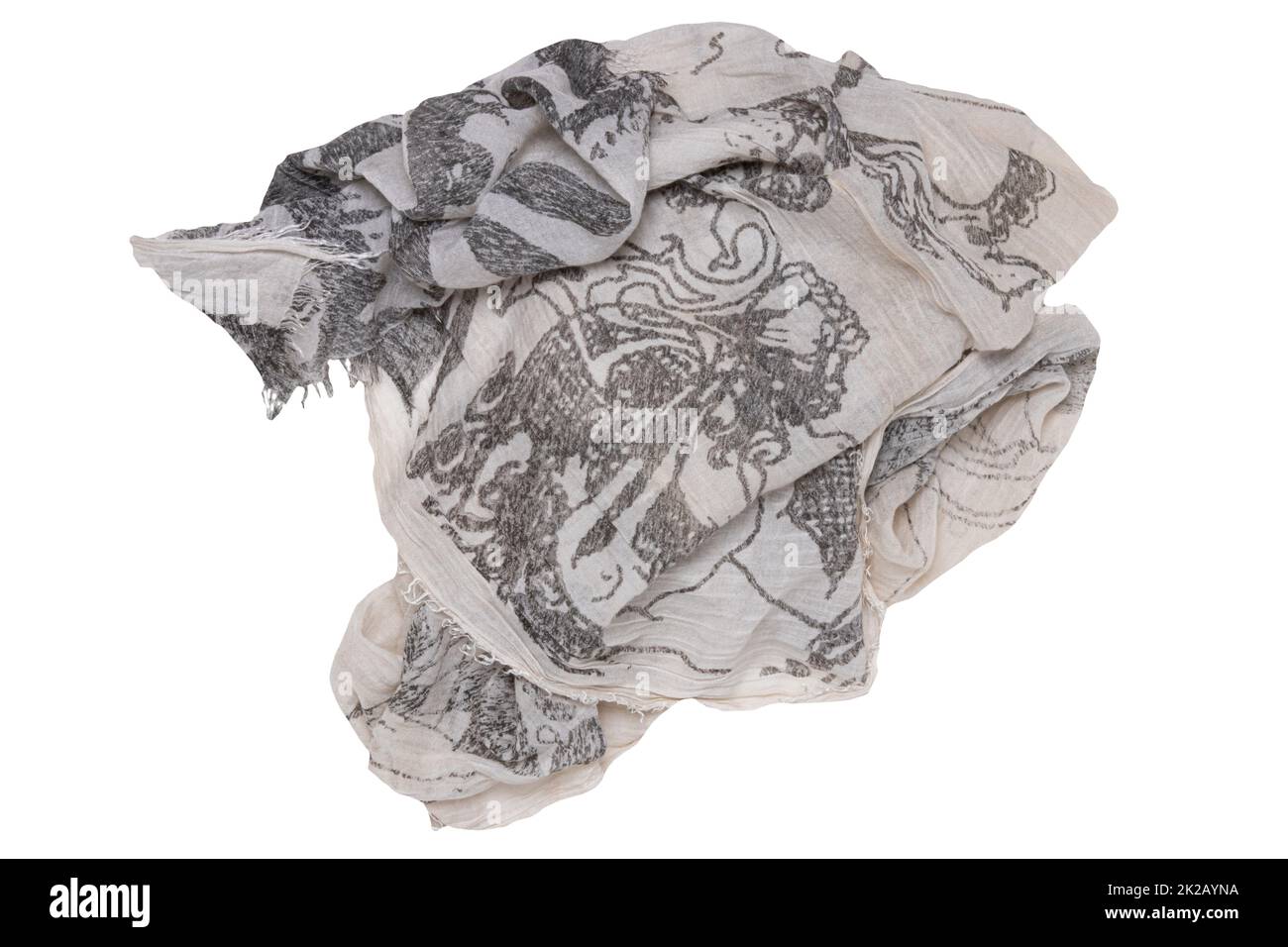 Scarf isolated. Closeup of a beautifully folded gray white scarf or headscarf with a abstract pattern isolated on a white background. Clipping path. Top view, flat lay, copy space. Stock Photo