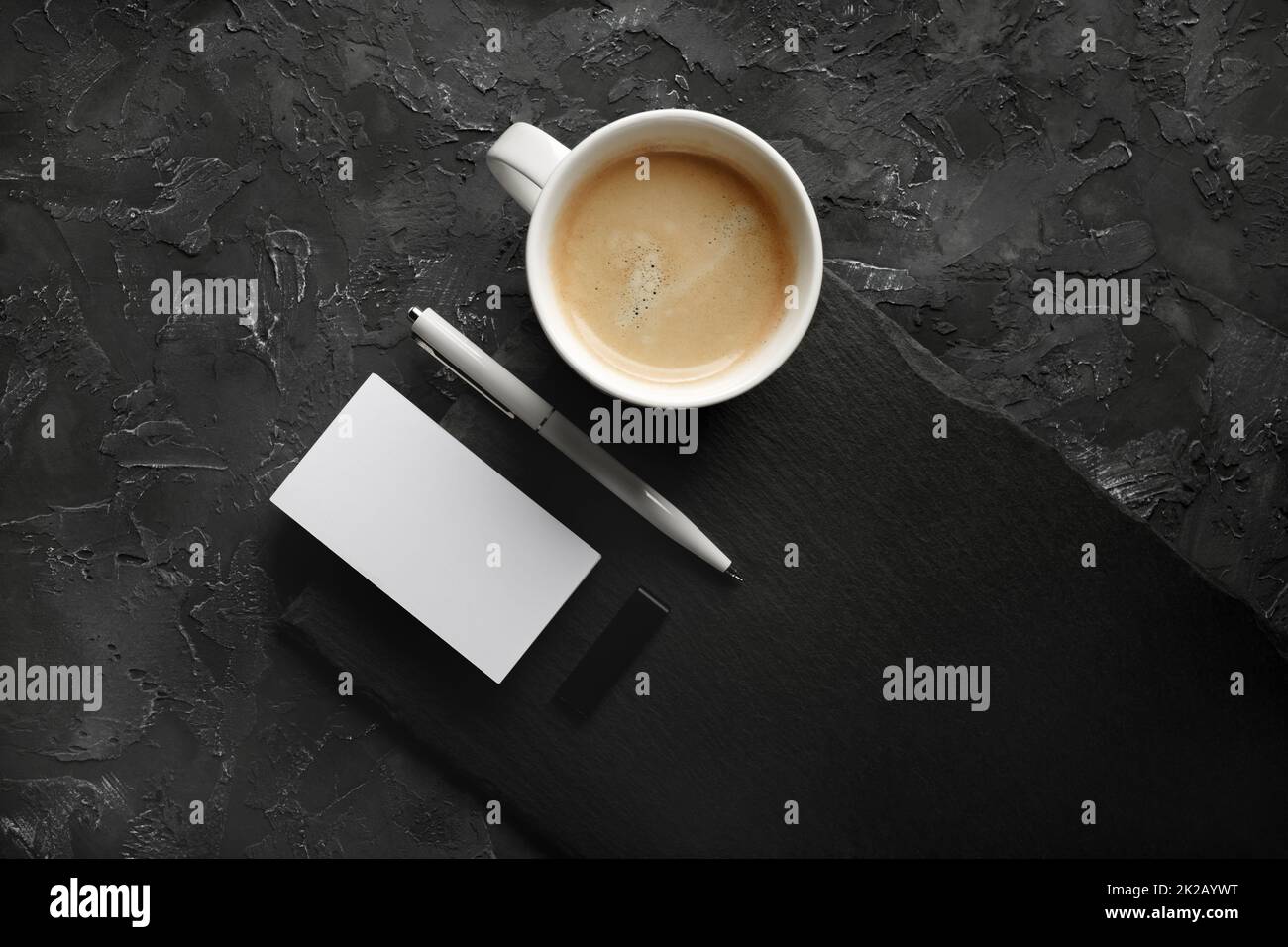 Business card, coffee, pen, flash drive Stock Photo