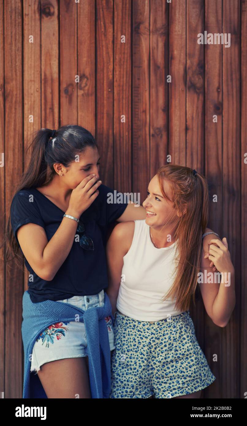 When I say I wont tell anyone my best friend doesnt count... Two young friends standing outdoors sharing secrets. Stock Photo