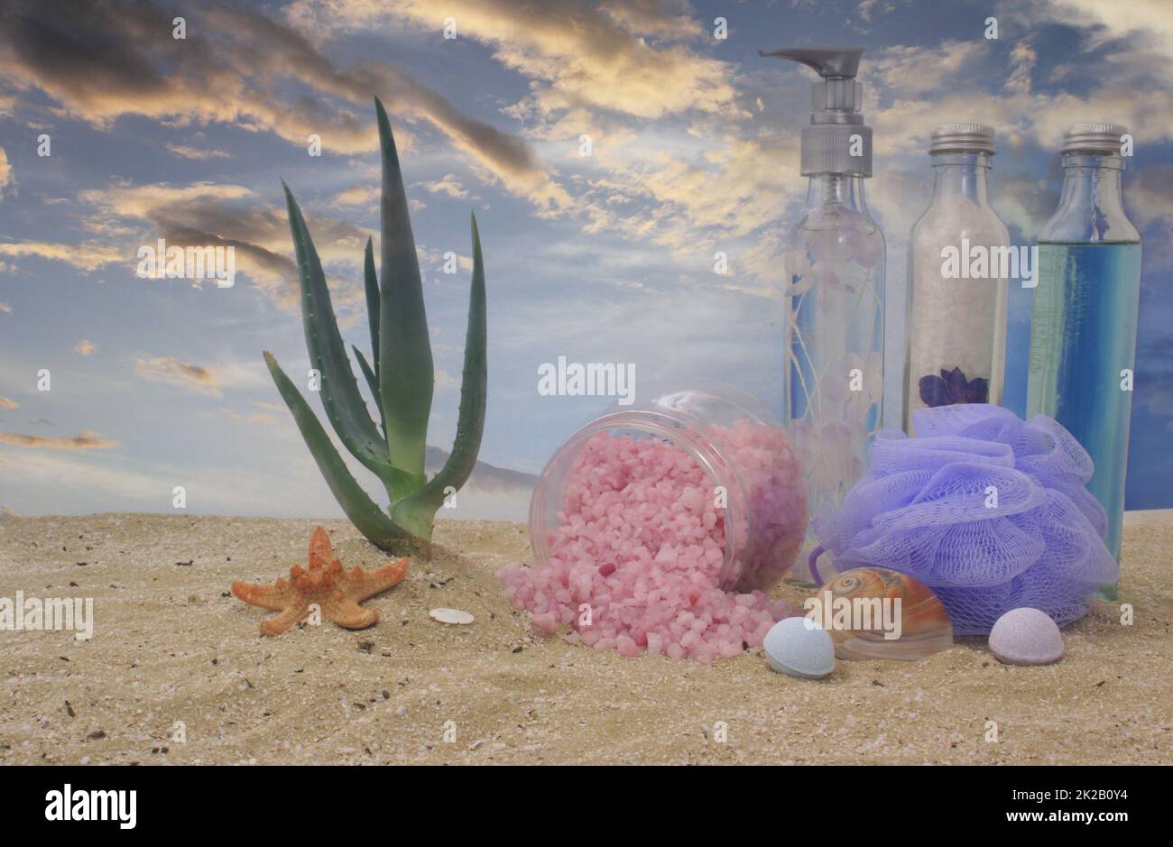 Bath Salts and Soap With Aloe Vera Plant and Sunset Stock Photo Alamy