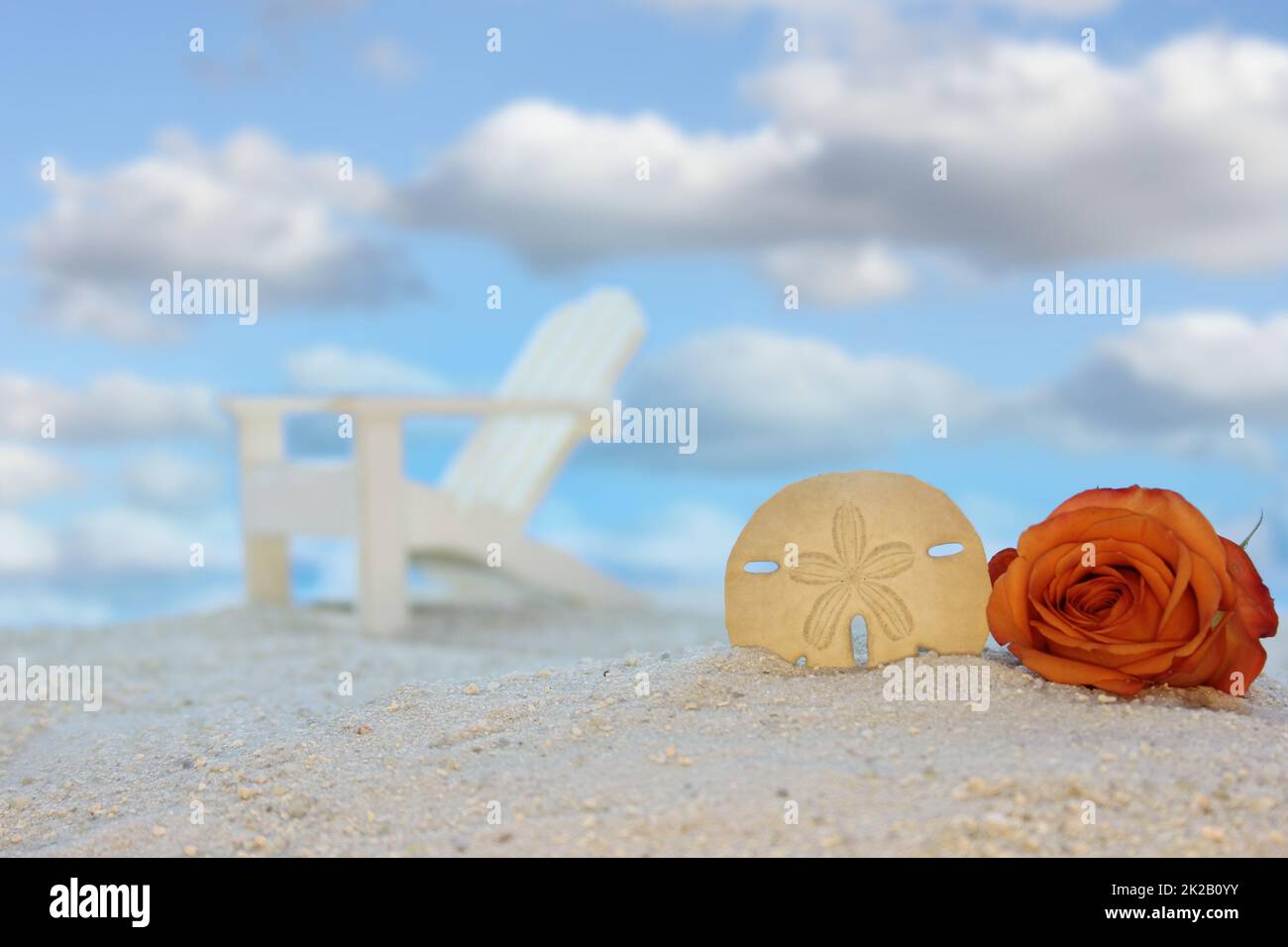 Sea Shell and Flower on Beach With Lounge Chair in Background Stock Photo