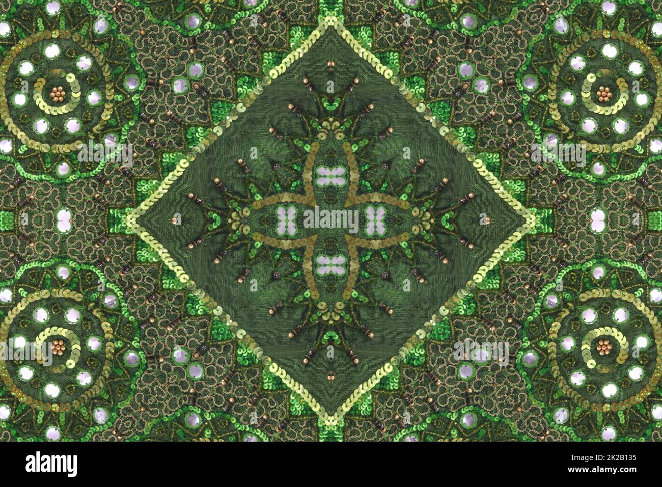 Background Green Abstract Beaded Cloth Background From India Stock Photo