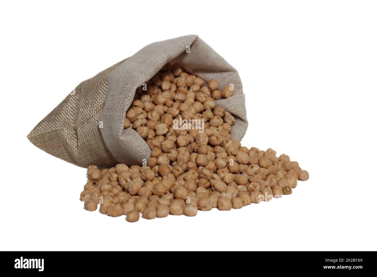 Chickpeas or Garbanzo Beans in Burlap Bag Isolated on White Stock Photo