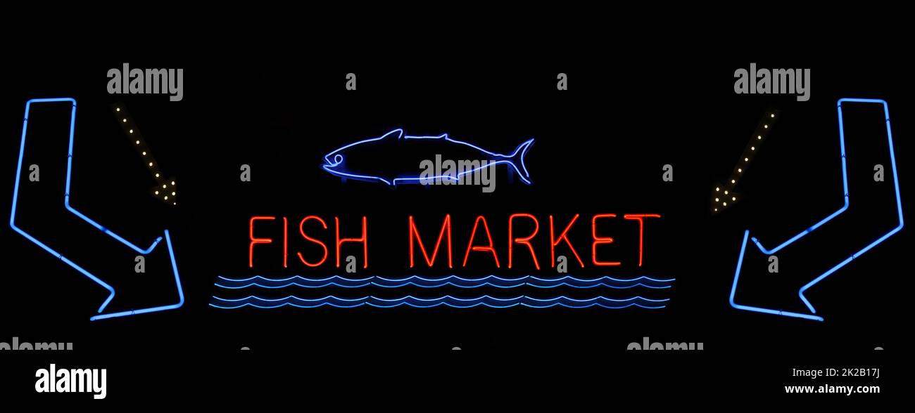 Old Neon Fish Market Sign Photo Composite Stock Photo