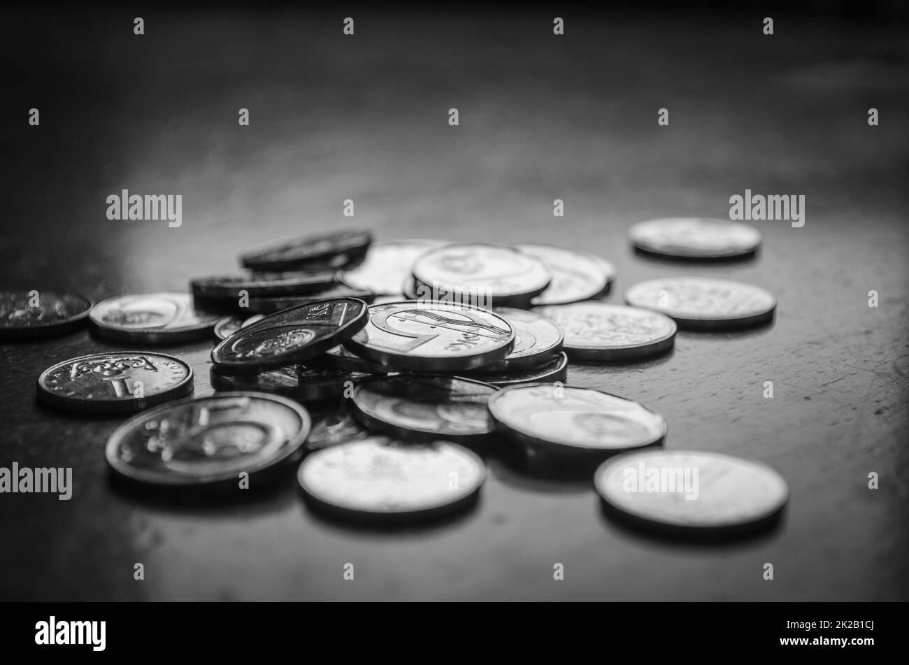 Black and white image of coins, czech currency Stock Photo