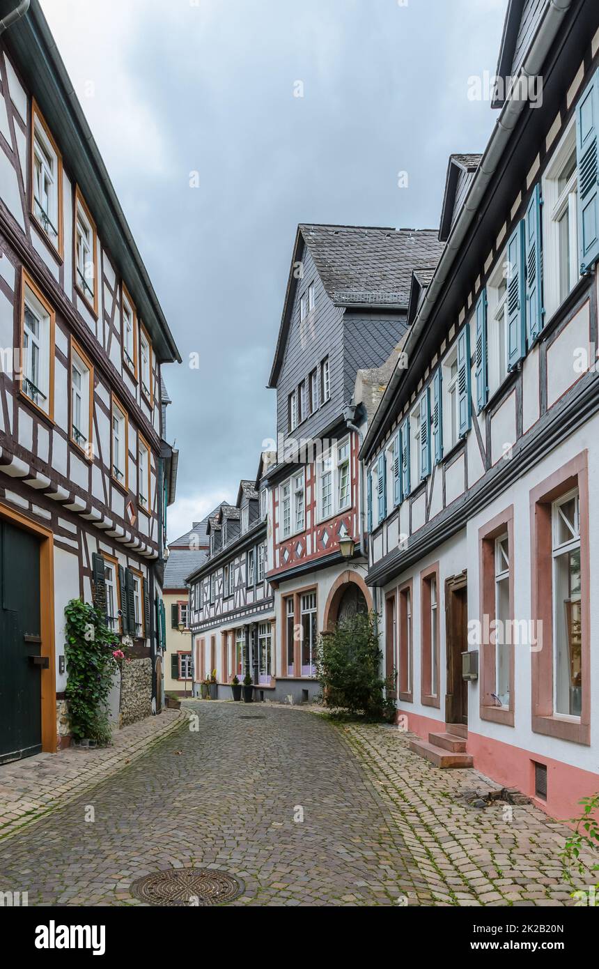 Street with half-timbered houses and cobblestones in Eltville am Rhein, Rheingau, Hesse, Germany Stock Photo