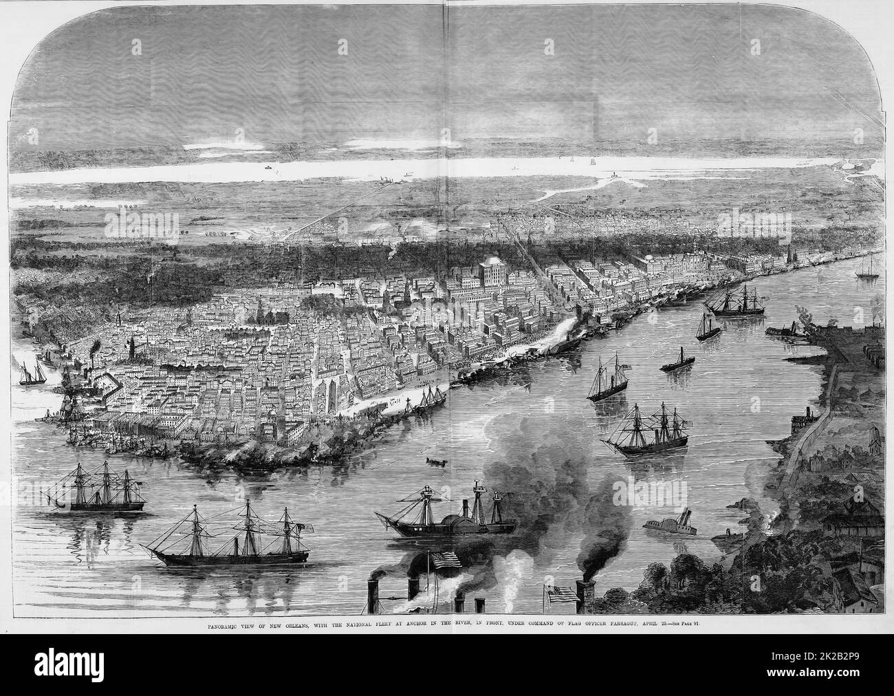 Panoramic view of New Orleans, Louisiana, with the National fleet at anchor in the river, in front, under command of flag officer David Glasgow Farragut, April 25th, 1862. 19th century American Civil War illustration from Frank Leslie's Illustrated Newspaper Stock Photo